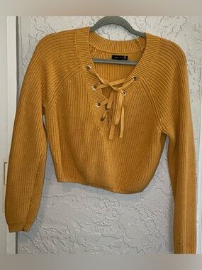 Kendall & Kylie Mustard Lace-Up V-Neck Women's Cropped Sweater